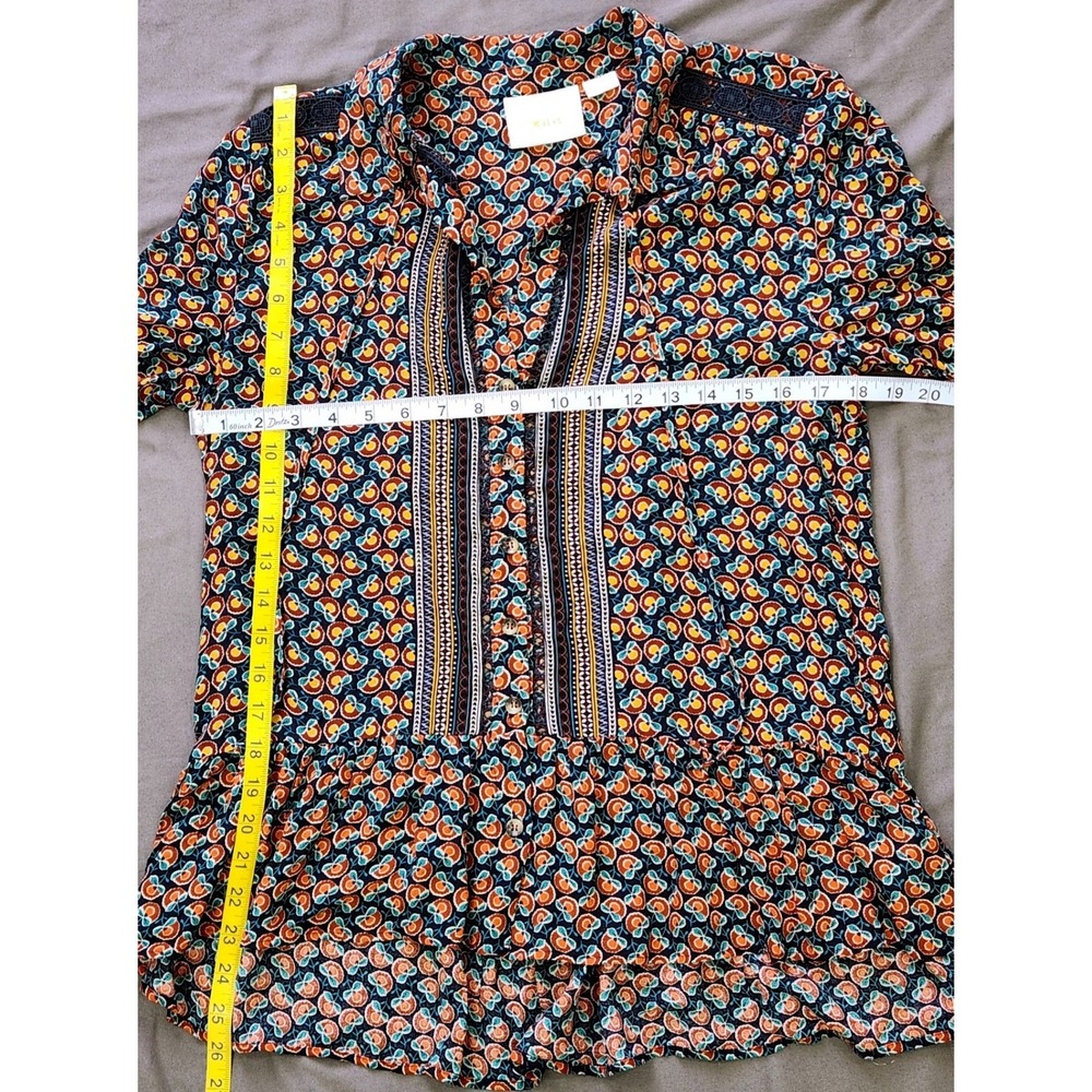Maeve Anthropologie Floral Geometric Peplum Blouse Navy Orange Lace Trim Size 2 - Picture 5 of 5